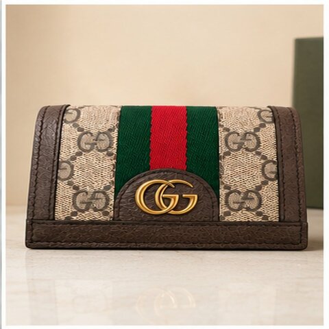 GUCCI 735574 Ophidia GG 經典老花織帶扣式零錢短夾.咖