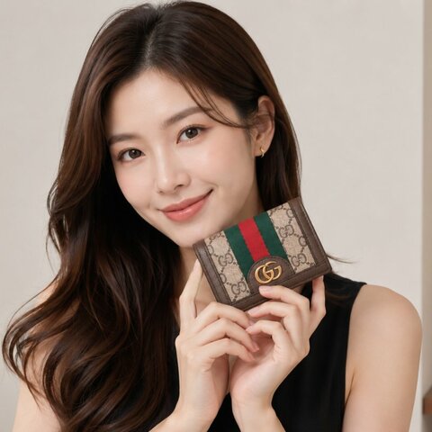GUCCI 735574 Ophidia GG 經典老花織帶扣式零錢短夾.咖