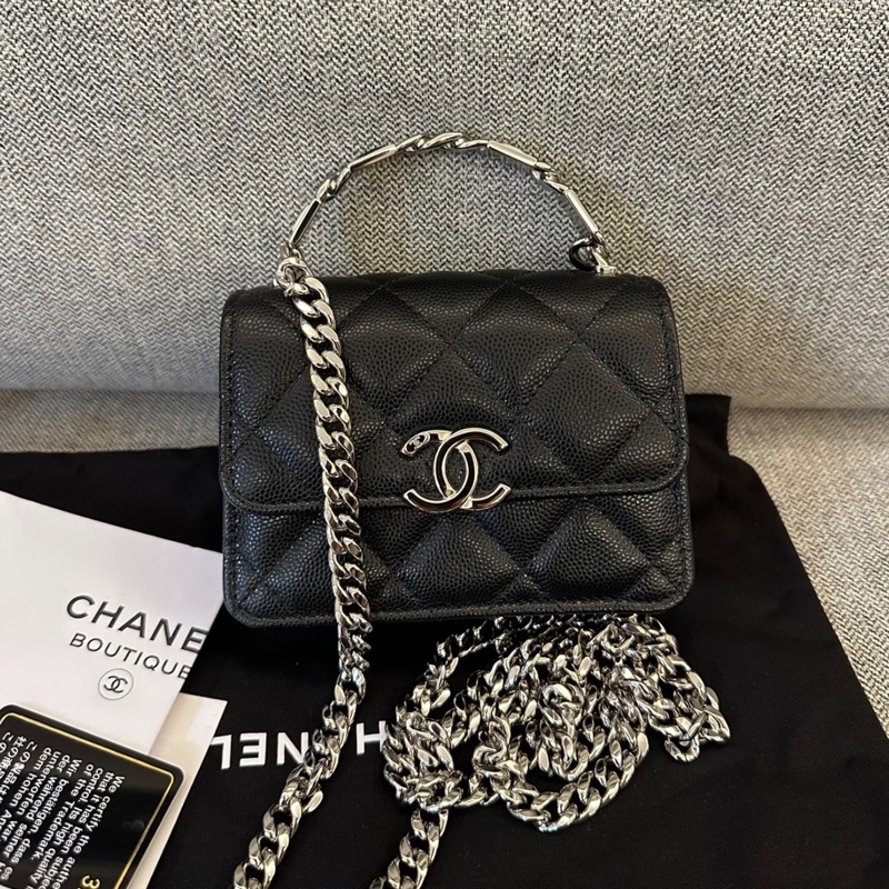 【98%新 ✨ 全網最低價】 32開 Chanel woc風琴包 22S琺瑯手柄 黑銀 荔枝皮 公文小廢包-0