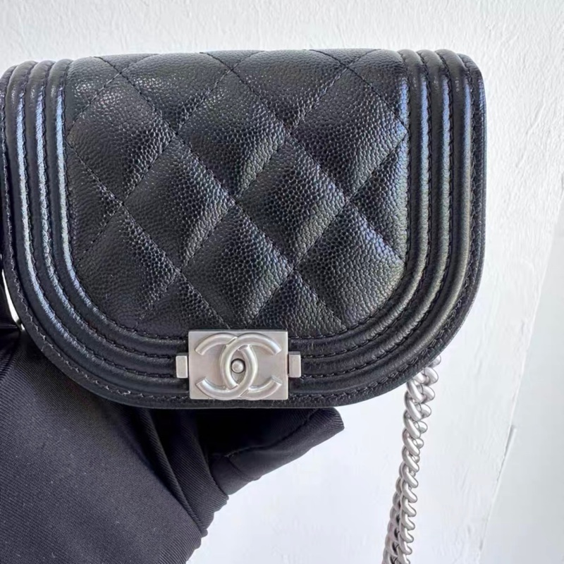 【99%新 ✨ 全網最低價!】Chanel黑銀荔枝皮 mini leboy馬鞍包 鏈條包 芯片款-1