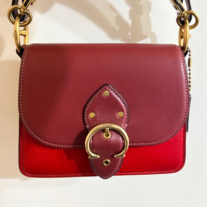 二手閒置coach紅色拼接皮革老花鍊條肩/側背包-7