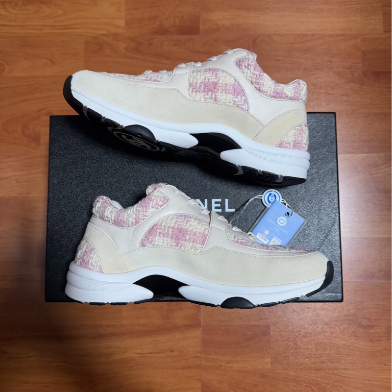 Chanel正品香奈兒徽標粗花毛呢運動鞋 粉米色 38碼-2