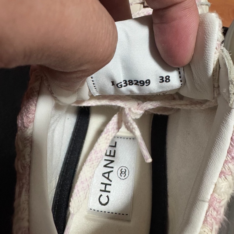 Chanel正品香奈兒徽標粗花毛呢運動鞋 粉米色 38碼-6