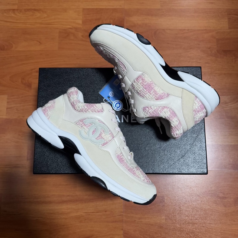 Chanel正品香奈兒徽標粗花毛呢運動鞋 粉米色 38碼-8