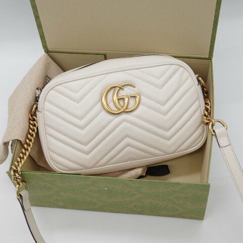 Gucci 古馳 GG Marmont 白色 金鍊 牛皮 斜背包 鍊條包 相機包