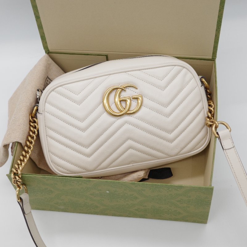 Gucci 古馳 GG Marmont 白色 金鍊 牛皮 斜背包 鍊條包 相機包-0