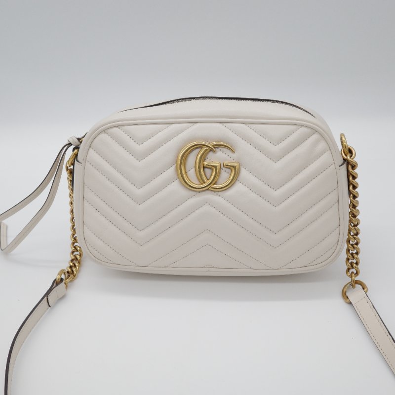 Gucci 古馳 GG Marmont 白色 金鍊 牛皮 斜背包 鍊條包 相機包-1