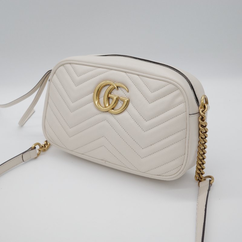 Gucci 古馳 GG Marmont 白色 金鍊 牛皮 斜背包 鍊條包 相機包-2