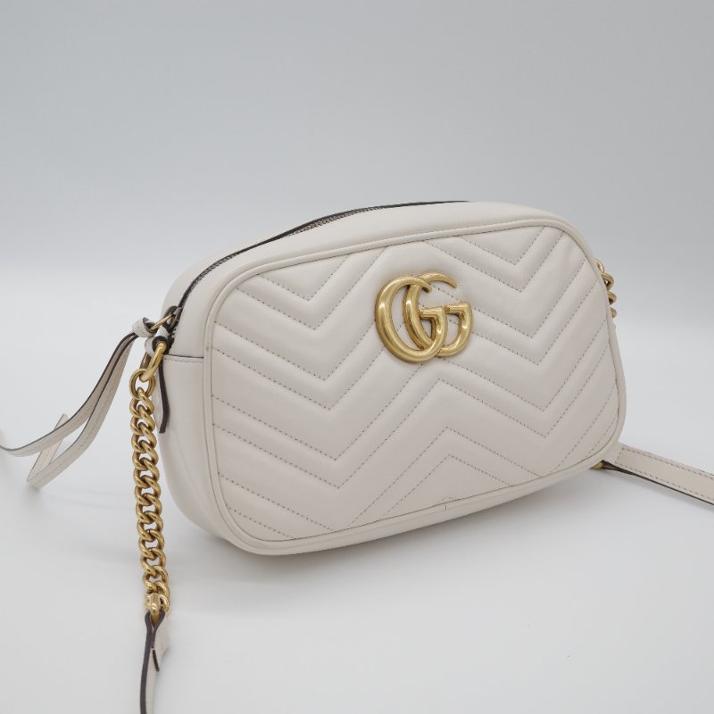 Gucci 古馳 GG Marmont 白色 金鍊 牛皮 斜背包 鍊條包 相機包-3