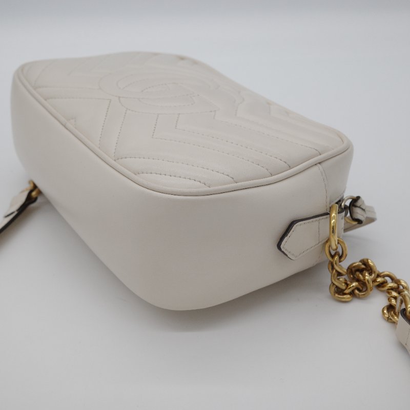 Gucci 古馳 GG Marmont 白色 金鍊 牛皮 斜背包 鍊條包 相機包-9