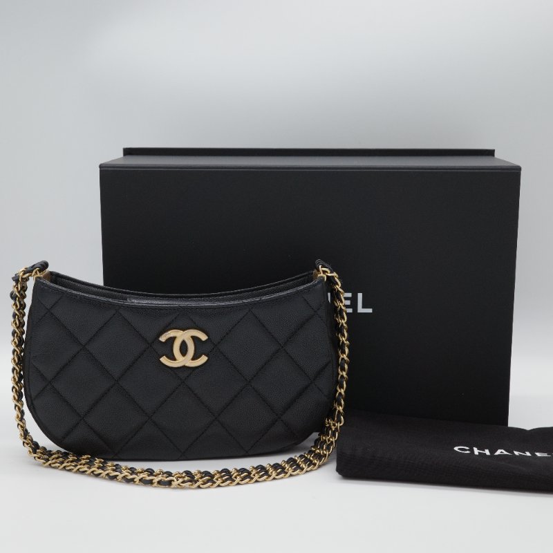 Chanel 香奈兒 Hobo 黑色 荔枝牛皮 月亮包 單肩包 腋下包-0