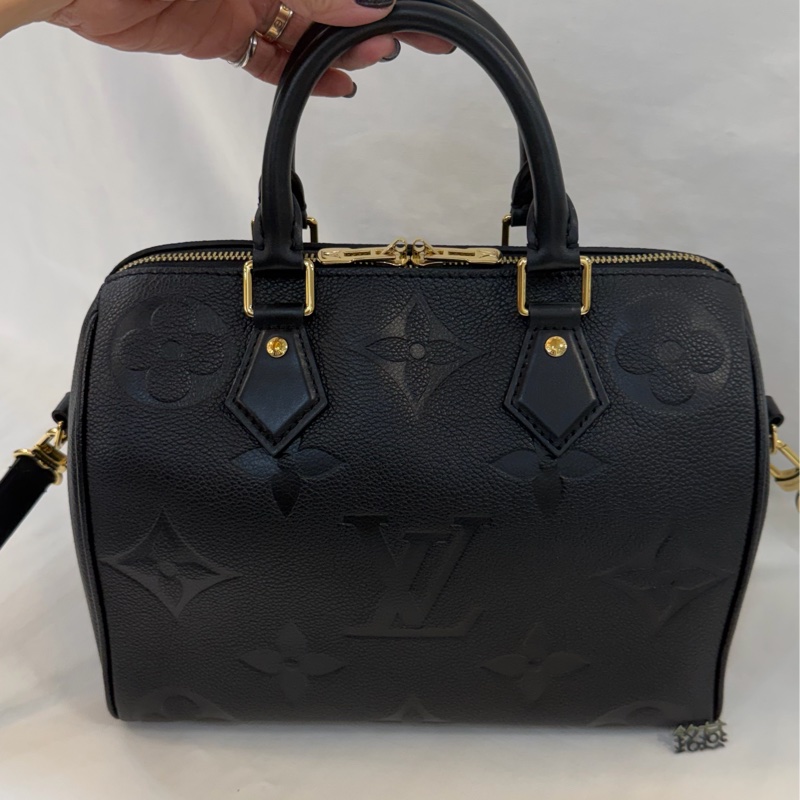 Lv 經典款 M58951 SPEEDY Bondouliere25 黑色 皮革 壓紋波士頓-0