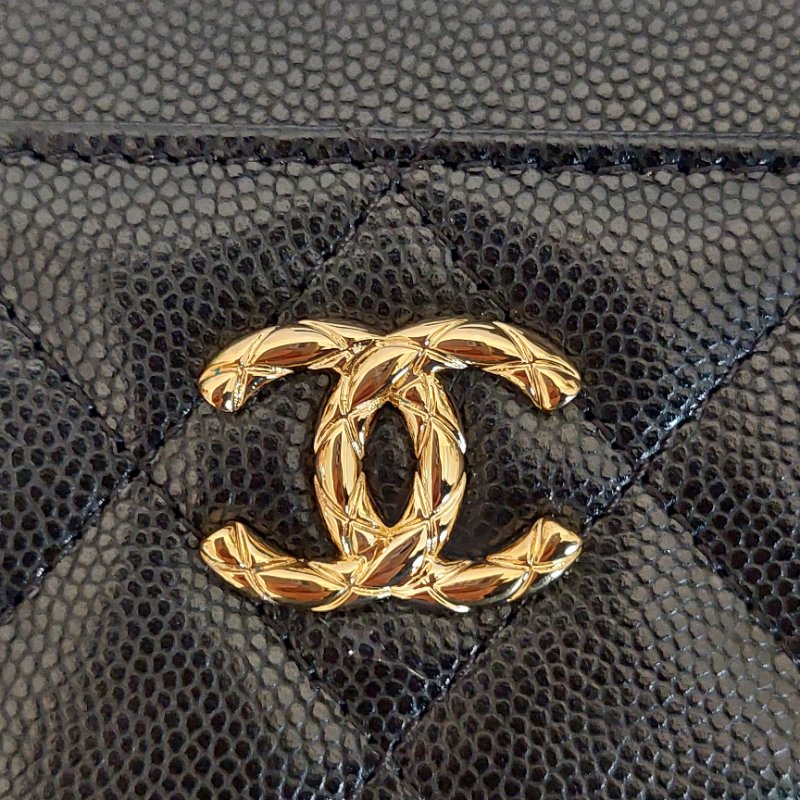CHANEL金色雙CLOGO菱格粒紋牛皮L型拉鍊卡夾/零錢包(黑色AP5015B)全新品-3