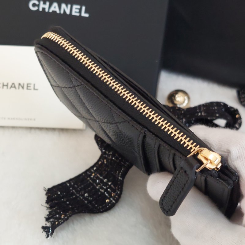 CHANEL金色雙CLOGO菱格粒紋牛皮L型拉鍊卡夾/零錢包(黑色AP5015B)全新品-4