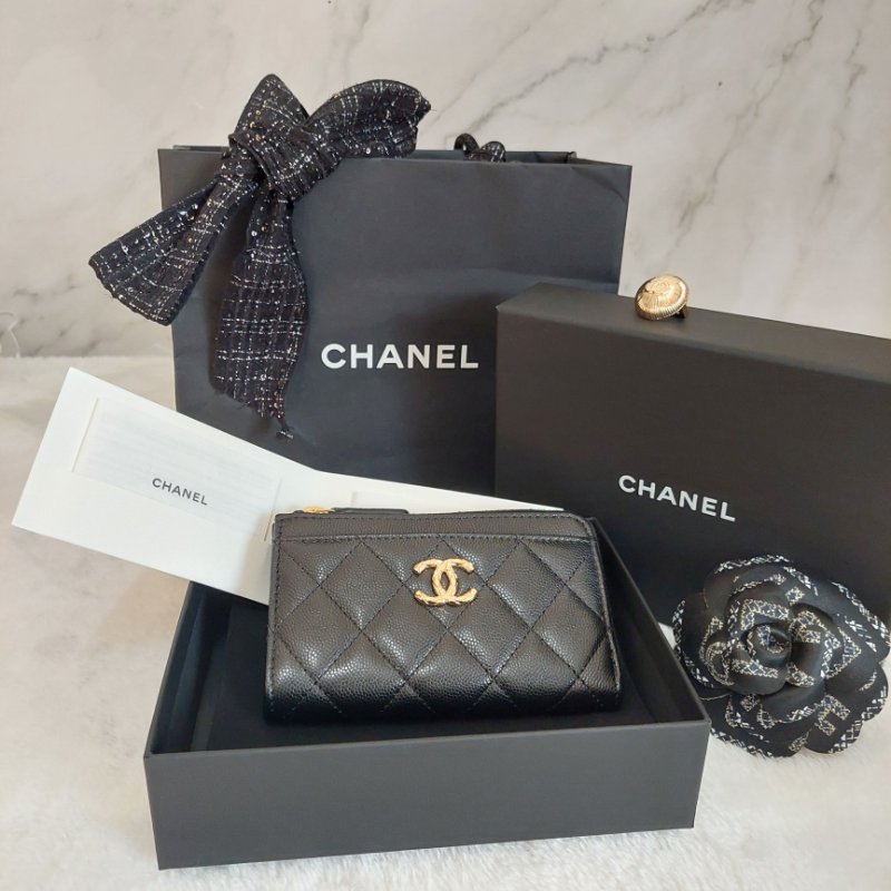 CHANEL金色雙CLOGO菱格粒紋牛皮L型拉鍊卡夾/零錢包(黑色AP5015B)全新品-9