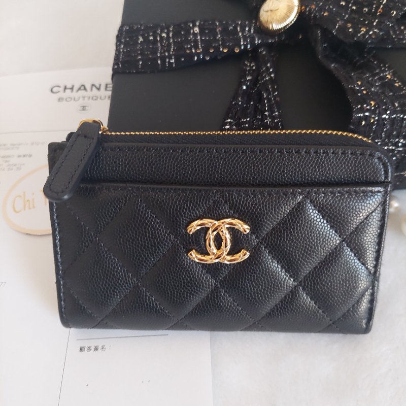 CHANEL金色雙CLOGO菱格粒紋牛皮L型拉鍊卡夾/零錢包(黑色AP5015B)全新品-10