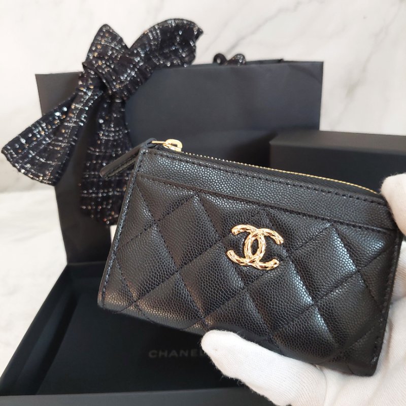 CHANEL金色雙CLOGO菱格粒紋牛皮L型拉鍊卡夾/零錢包(黑色AP5015B)全新品-13