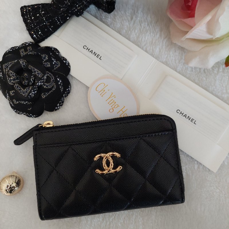 CHANEL金色雙CLOGO菱格粒紋牛皮L型拉鍊卡夾/零錢包(黑色AP5015B)全新品-14