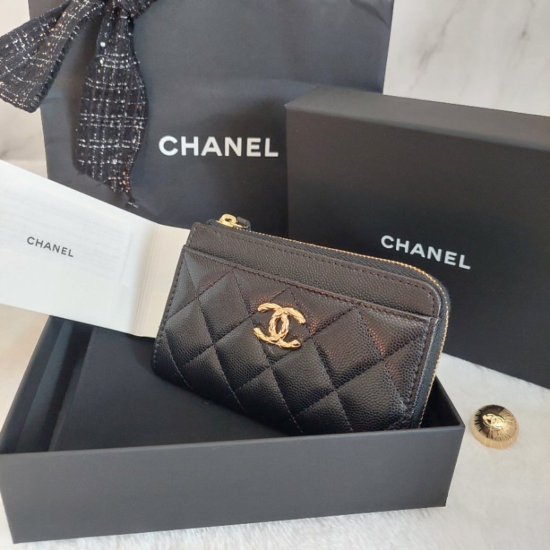 CHANEL金色雙CLOGO菱格粒紋牛皮L型拉鍊卡夾/零錢包(黑色AP5015B)全新品-16