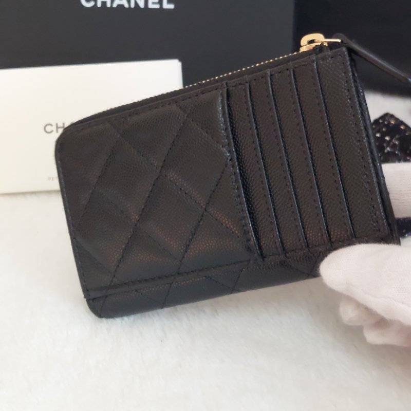 CHANEL金色雙CLOGO菱格粒紋牛皮L型拉鍊卡夾/零錢包(黑色AP5015B)全新品-19