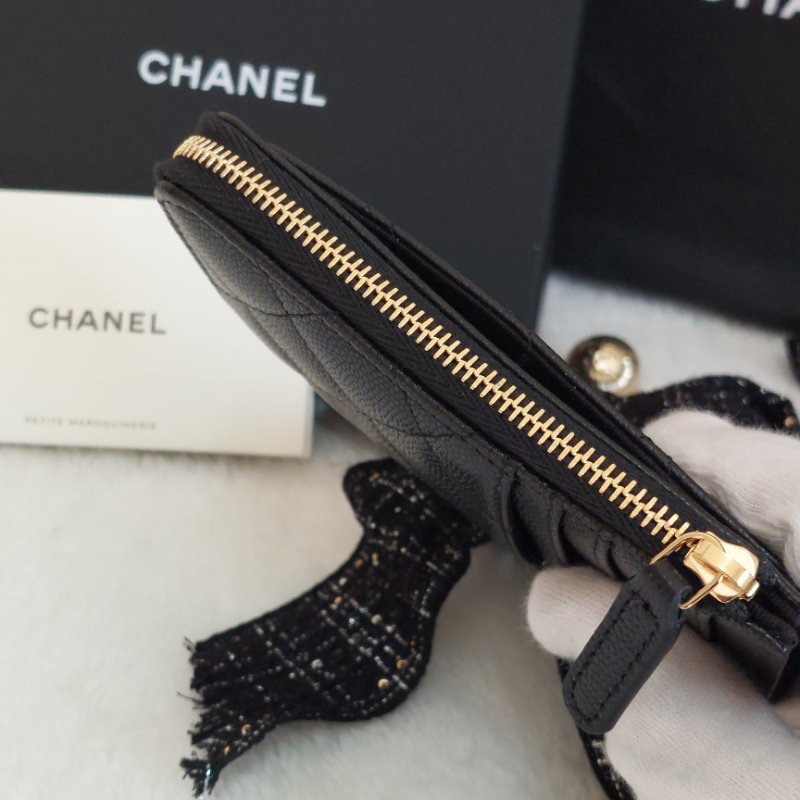 CHANEL金色雙CLOGO菱格粒紋牛皮L型拉鍊卡夾/零錢包(黑色AP5015B)全新品-21