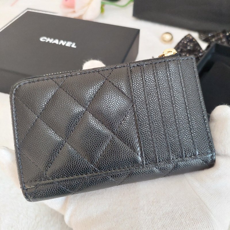 CHANEL金色雙CLOGO菱格粒紋牛皮L型拉鍊卡夾/零錢包(黑色AP5015B)全新品-22