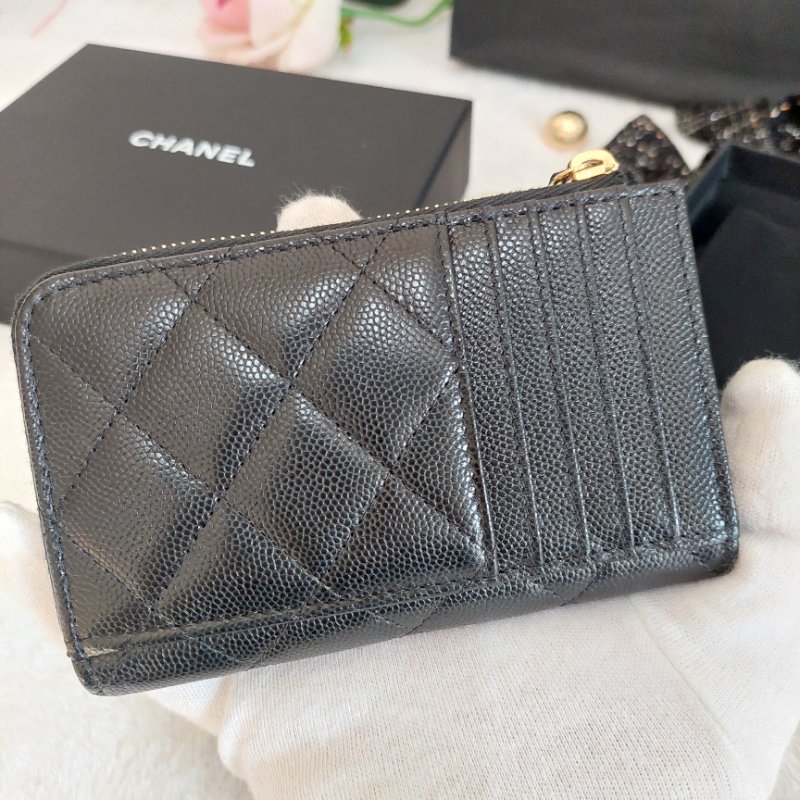 CHANEL金色雙CLOGO菱格粒紋牛皮L型拉鍊卡夾/零錢包(黑色AP5015B)全新品-23