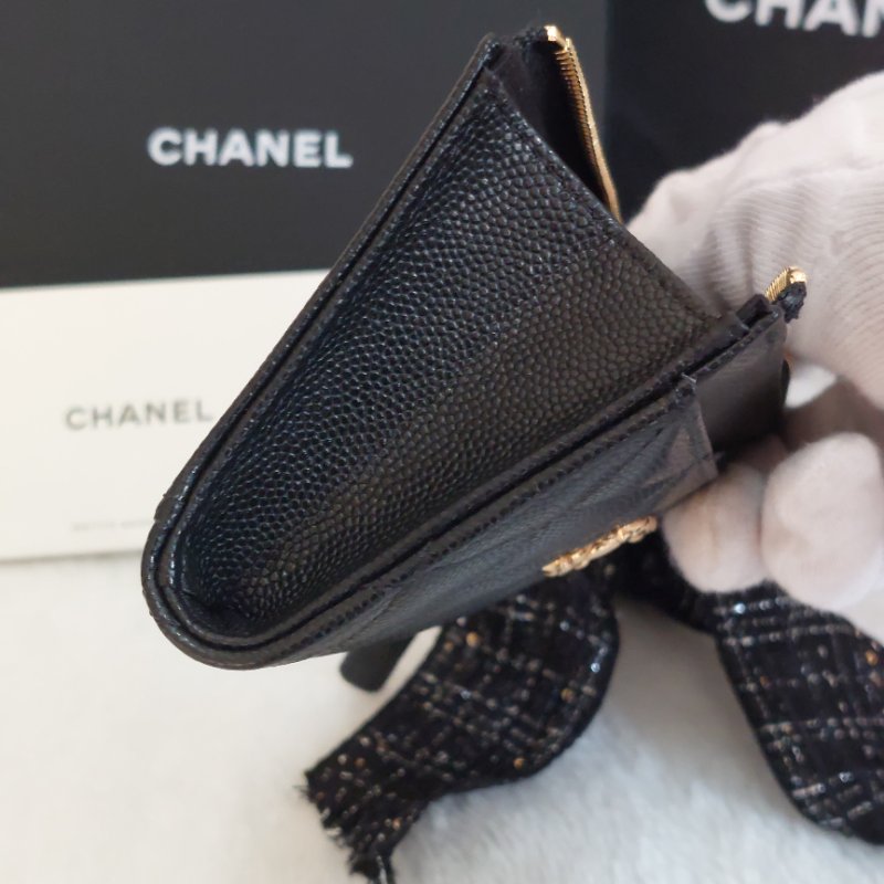 CHANEL金色雙CLOGO菱格粒紋牛皮L型拉鍊卡夾/零錢包(黑色AP5015B)全新品-25