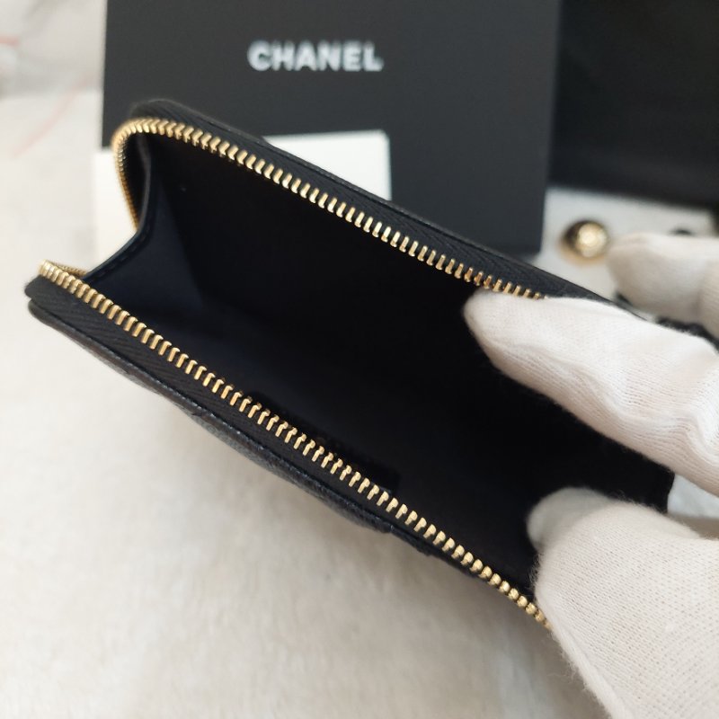 CHANEL金色雙CLOGO菱格粒紋牛皮L型拉鍊卡夾/零錢包(黑色AP5015B)全新品-30