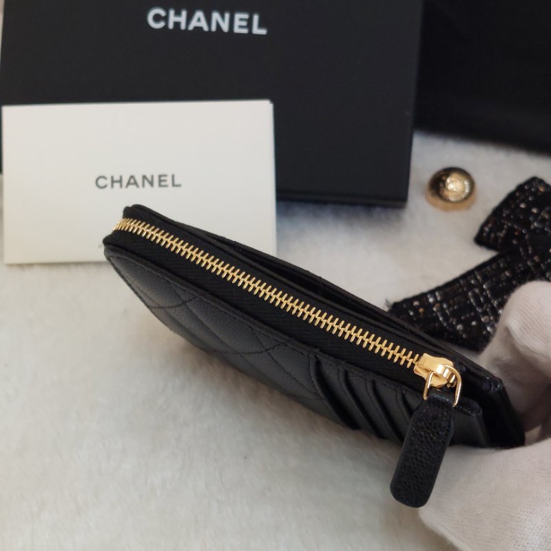 CHANEL金色雙CLOGO菱格粒紋牛皮L型拉鍊卡夾/零錢包(黑色AP5015B)全新品-37