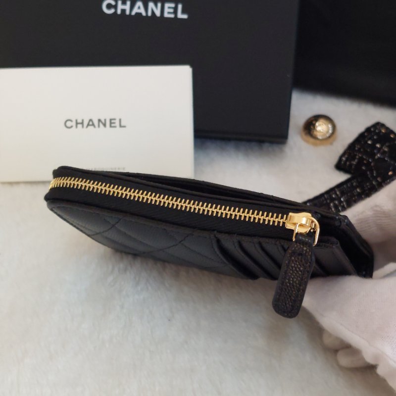 CHANEL金色雙CLOGO菱格粒紋牛皮L型拉鍊卡夾/零錢包(黑色AP5015B)全新品-39