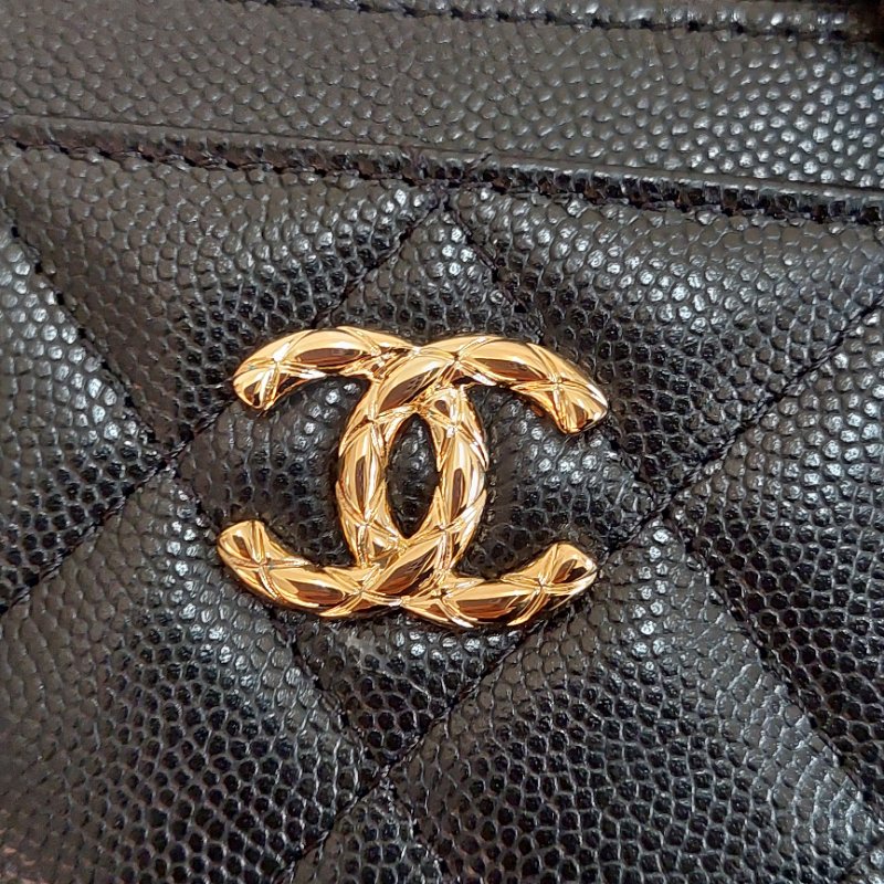 CHANEL金色雙CLOGO菱格粒紋牛皮L型拉鍊卡夾/零錢包(黑色AP5015B)全新品-42