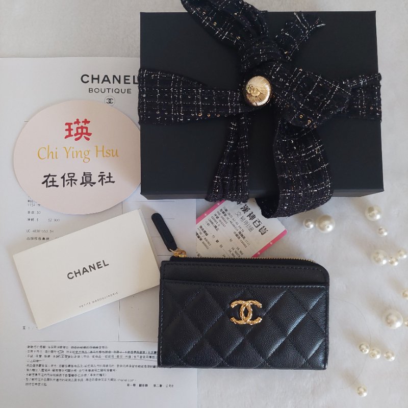 CHANEL金色雙CLOGO菱格粒紋牛皮L型拉鍊卡夾/零錢包(黑色AP5015B)全新品-48