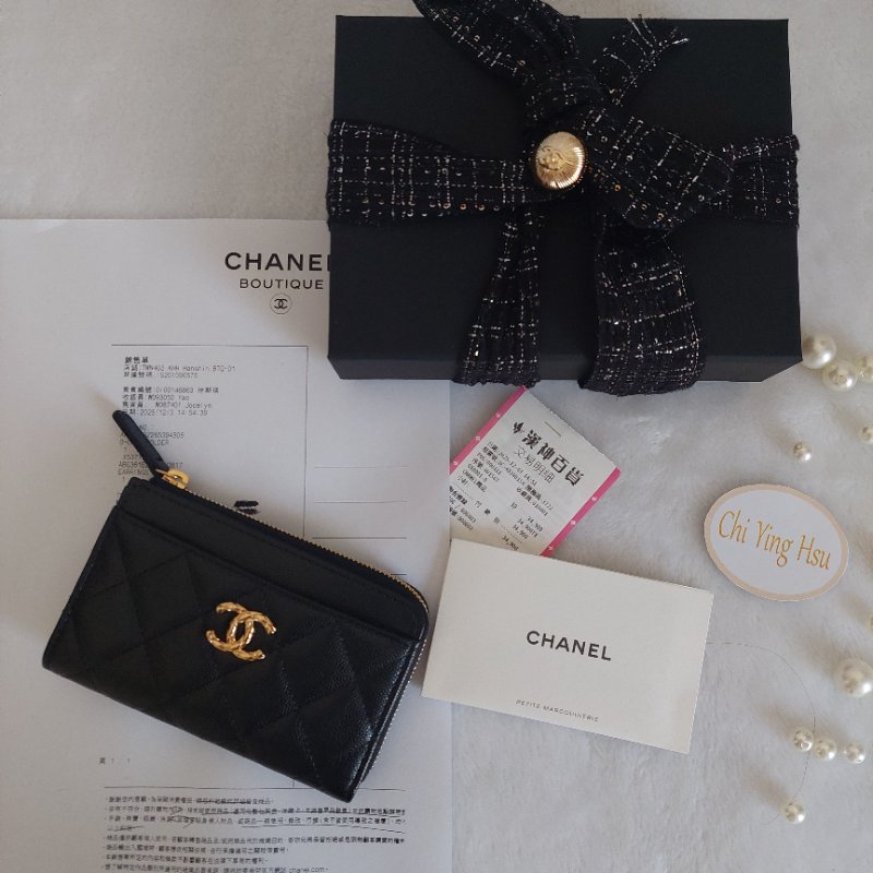 CHANEL金色雙CLOGO菱格粒紋牛皮L型拉鍊卡夾/零錢包(黑色AP5015B)全新品-49