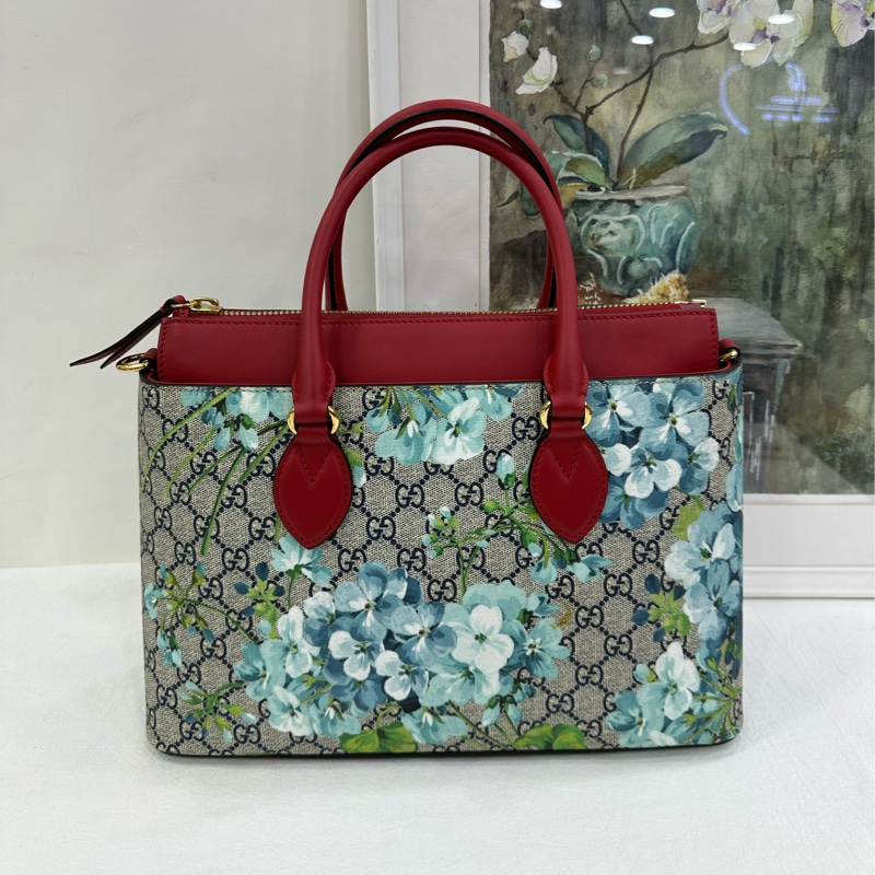 Gucci花卉托特，紅藍拼色，經典老花+天竺葵印花，容量大，手提單肩都可以，肩帶齊全，五金亮 閒置成色-1