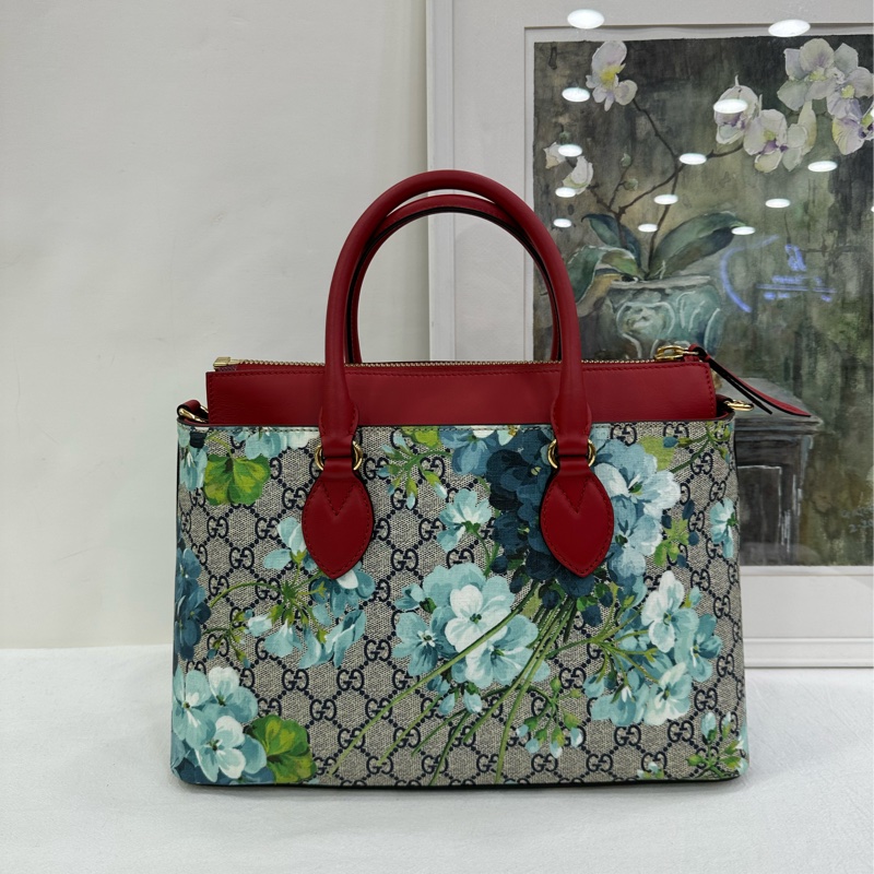 Gucci花卉托特，紅藍拼色，經典老花+天竺葵印花，容量大，手提單肩都可以，肩帶齊全，五金亮 閒置成色-2