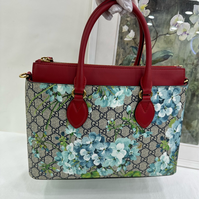 Gucci花卉托特，紅藍拼色，經典老花+天竺葵印花，容量大，手提單肩都可以，肩帶齊全，五金亮 閒置成色-6