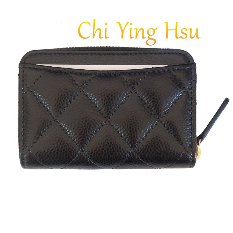 Chanel 經典菱格荔枝顆粒紋 小牛皮 雙C Logo 拉鍊卡夾/零錢包(黑x金釦)-2