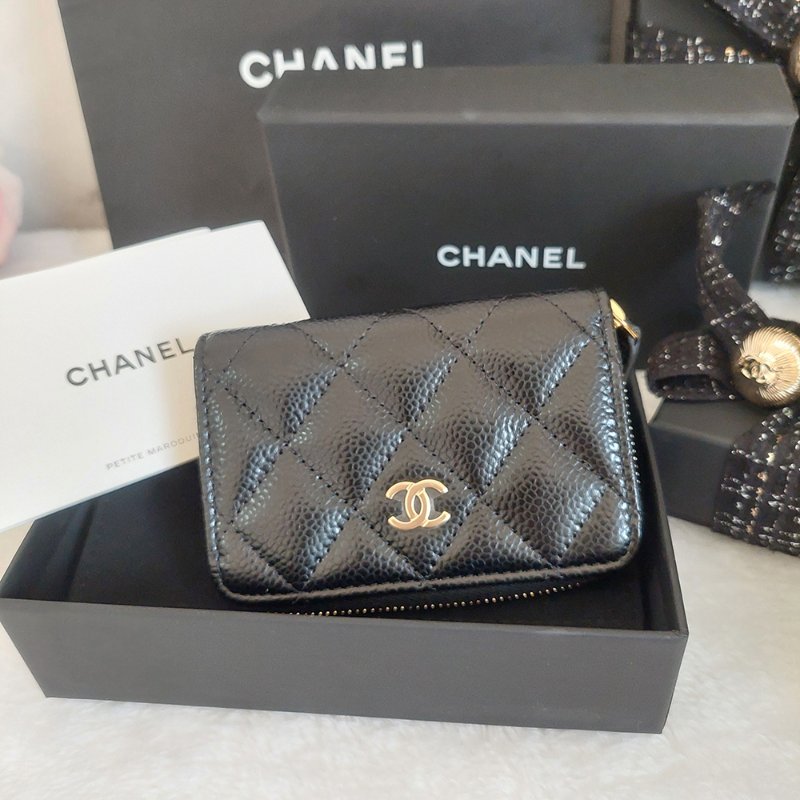 Chanel 經典菱格荔枝顆粒紋 小牛皮 雙C Logo 拉鍊卡夾/零錢包(黑x金釦)-3
