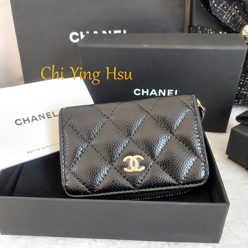 Chanel 經典菱格荔枝顆粒紋 小牛皮 雙C Logo 拉鍊卡夾/零錢包(黑x金釦)-5