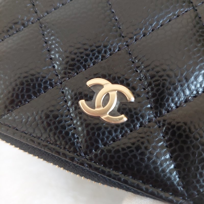 Chanel 經典菱格荔枝顆粒紋 小牛皮 雙C Logo 拉鍊卡夾/零錢包(黑x金釦)-6