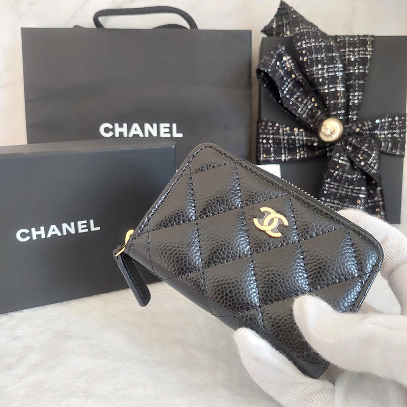 Chanel 經典菱格荔枝顆粒紋 小牛皮 雙C Logo 拉鍊卡夾/零錢包(黑x金釦)-7