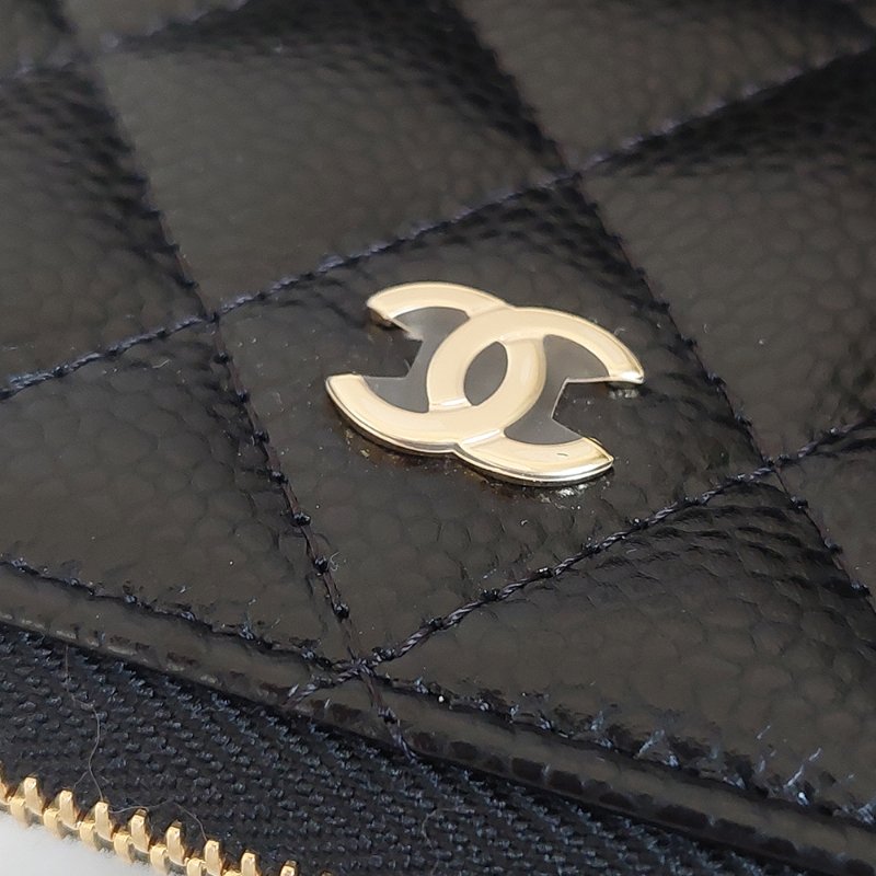 Chanel 經典菱格荔枝顆粒紋 小牛皮 雙C Logo 拉鍊卡夾/零錢包(黑x金釦)-10