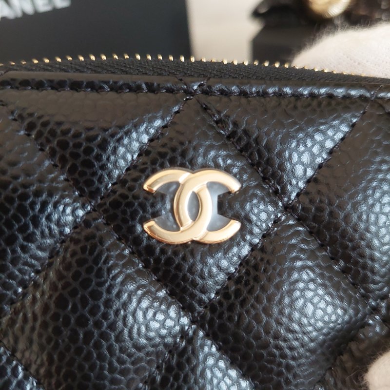 Chanel 經典菱格荔枝顆粒紋 小牛皮 雙C Logo 拉鍊卡夾/零錢包(黑x金釦)-12