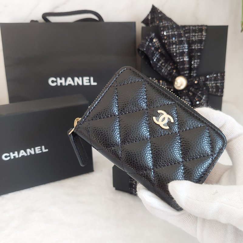 Chanel 經典菱格荔枝顆粒紋 小牛皮 雙C Logo 拉鍊卡夾/零錢包(黑x金釦)-13
