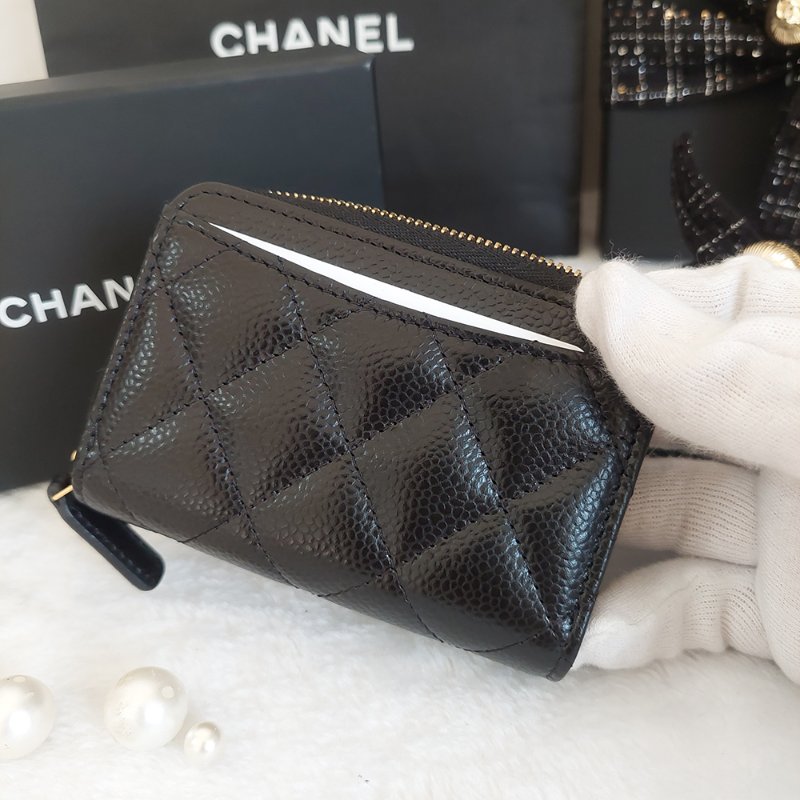 Chanel 經典菱格荔枝顆粒紋 小牛皮 雙C Logo 拉鍊卡夾/零錢包(黑x金釦)-17