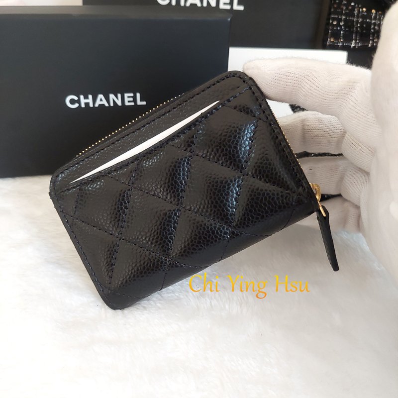 Chanel 經典菱格荔枝顆粒紋 小牛皮 雙C Logo 拉鍊卡夾/零錢包(黑x金釦)-18