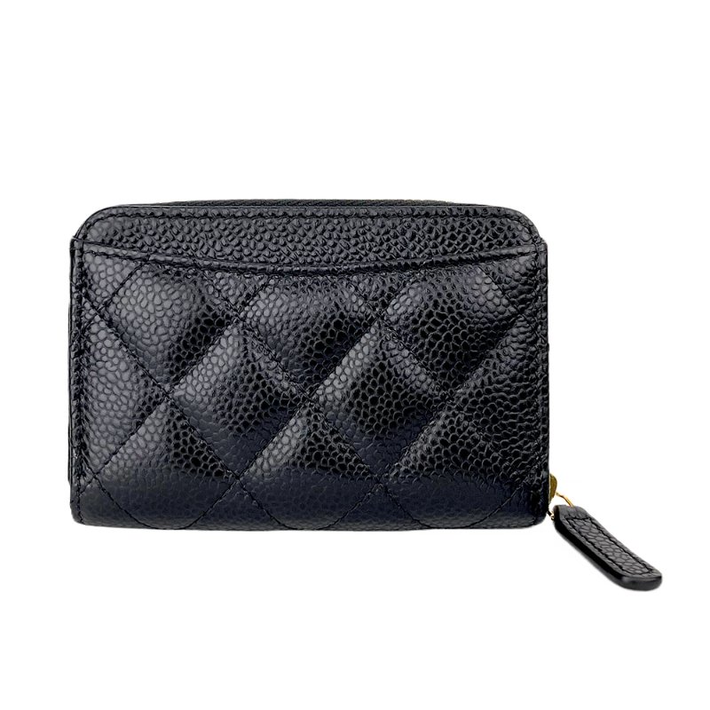Chanel 經典菱格荔枝顆粒紋 小牛皮 雙C Logo 拉鍊卡夾/零錢包(黑x金釦)-19