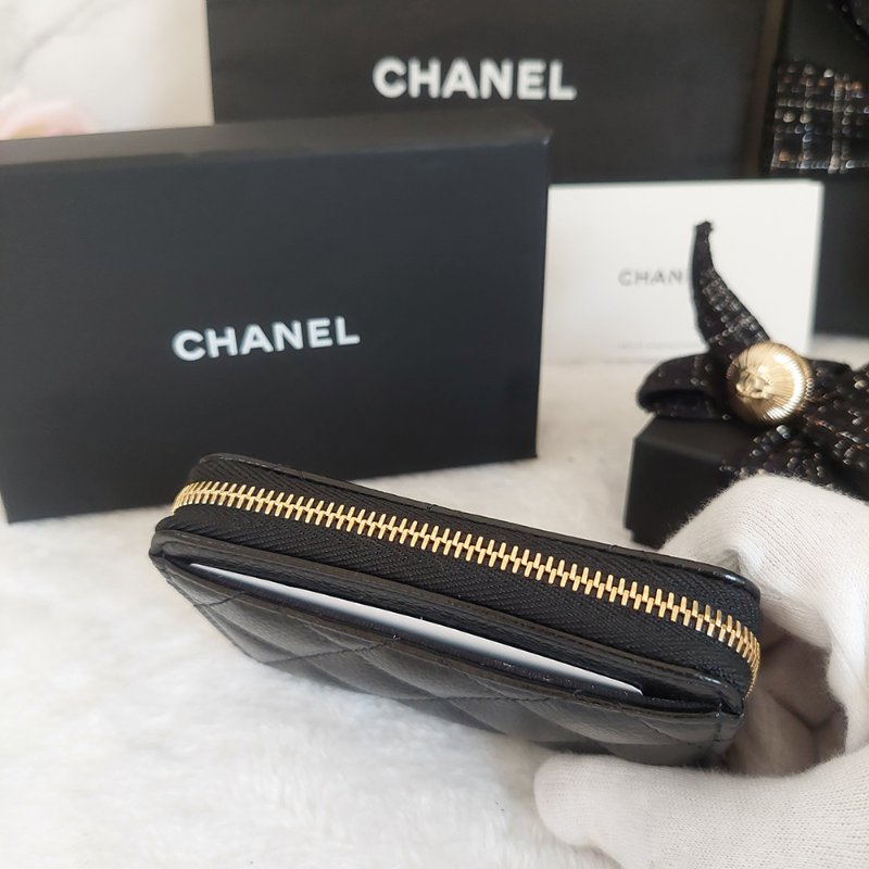 Chanel 經典菱格荔枝顆粒紋 小牛皮 雙C Logo 拉鍊卡夾/零錢包(黑x金釦)-20