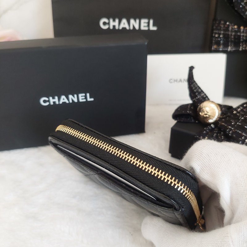 Chanel 經典菱格荔枝顆粒紋 小牛皮 雙C Logo 拉鍊卡夾/零錢包(黑x金釦)-21